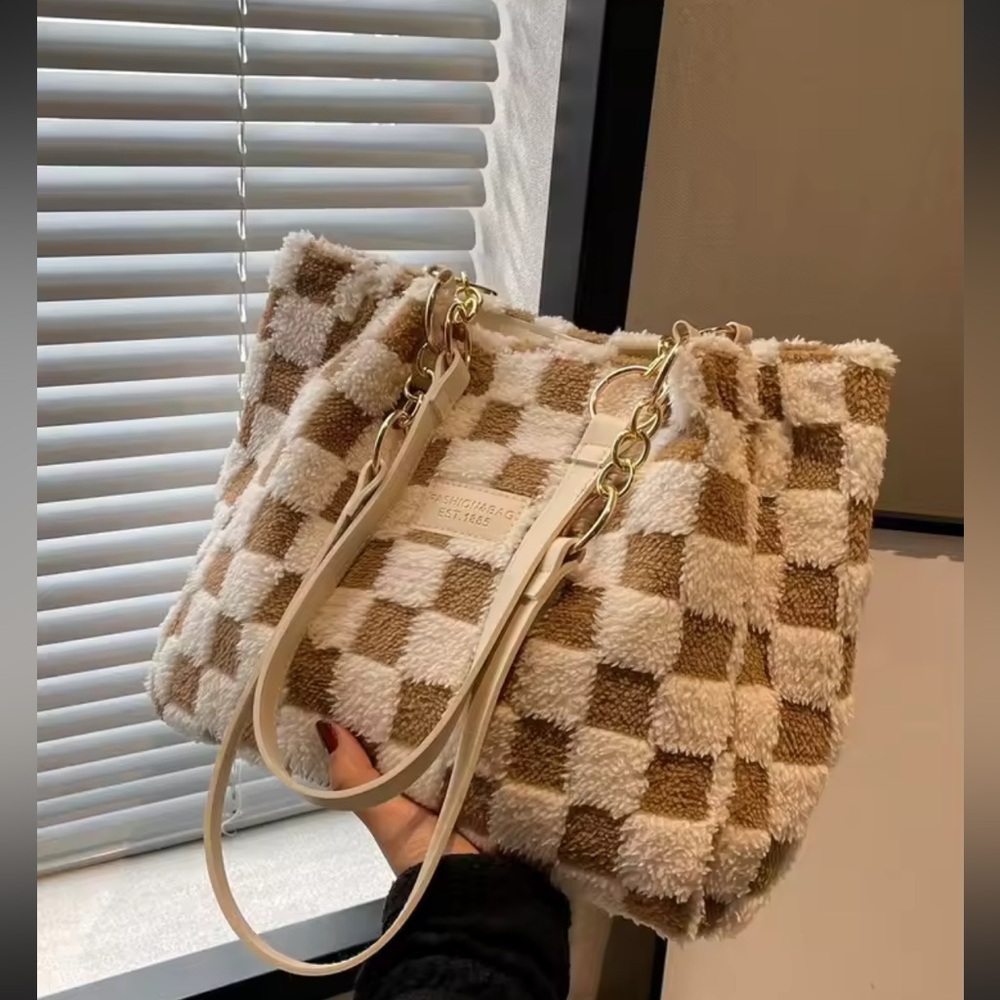 Stylish Checkered Tote Bag - Cream and Brown
